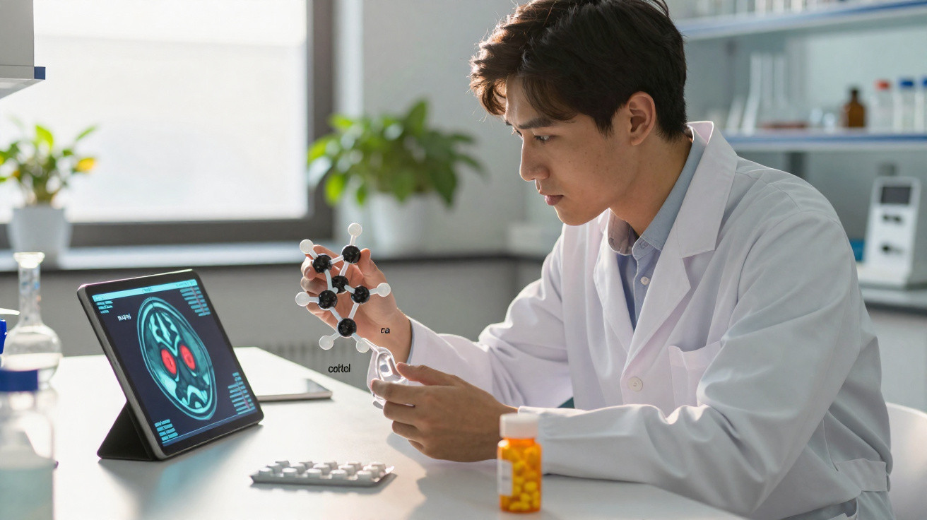 Cientista num laboratório a estudar modelo molecular, com imagem cerebral num tablet e comprimidos na mesa.