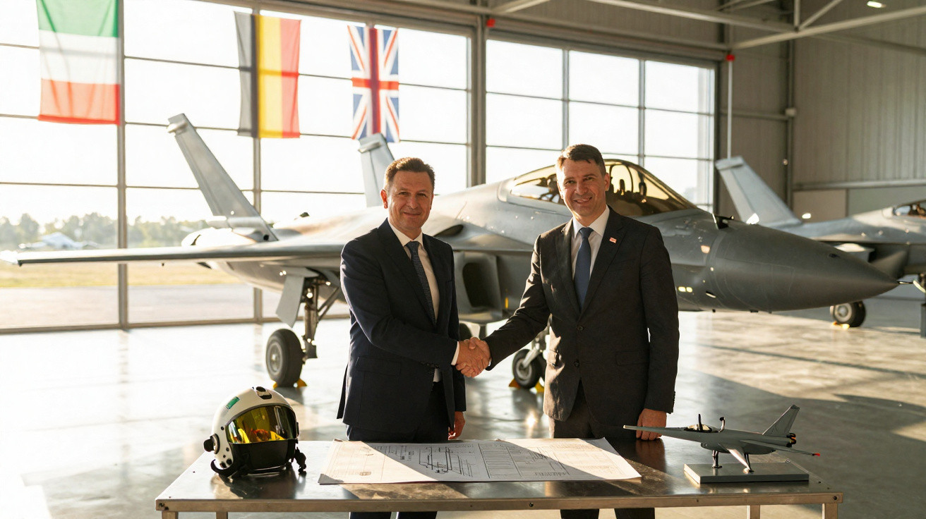 Dois homens de fato e gravata apertam as mãos em hangar com avião militar atrás e capacete e maquete na mesa.