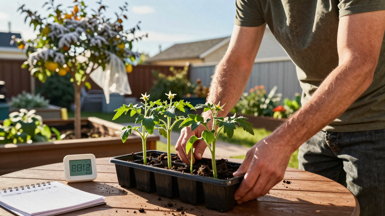 Pessoa a cuidar de mudas de tomate numa jardinagem ao ar livre num dia ensolarado.