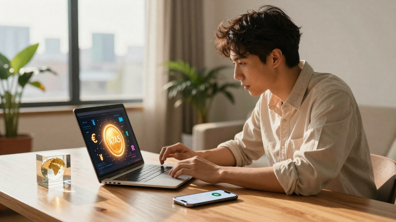Homem jovem a usar portátil com gráficos financeiros e telemóvel numa mesa de madeira junto a janela.