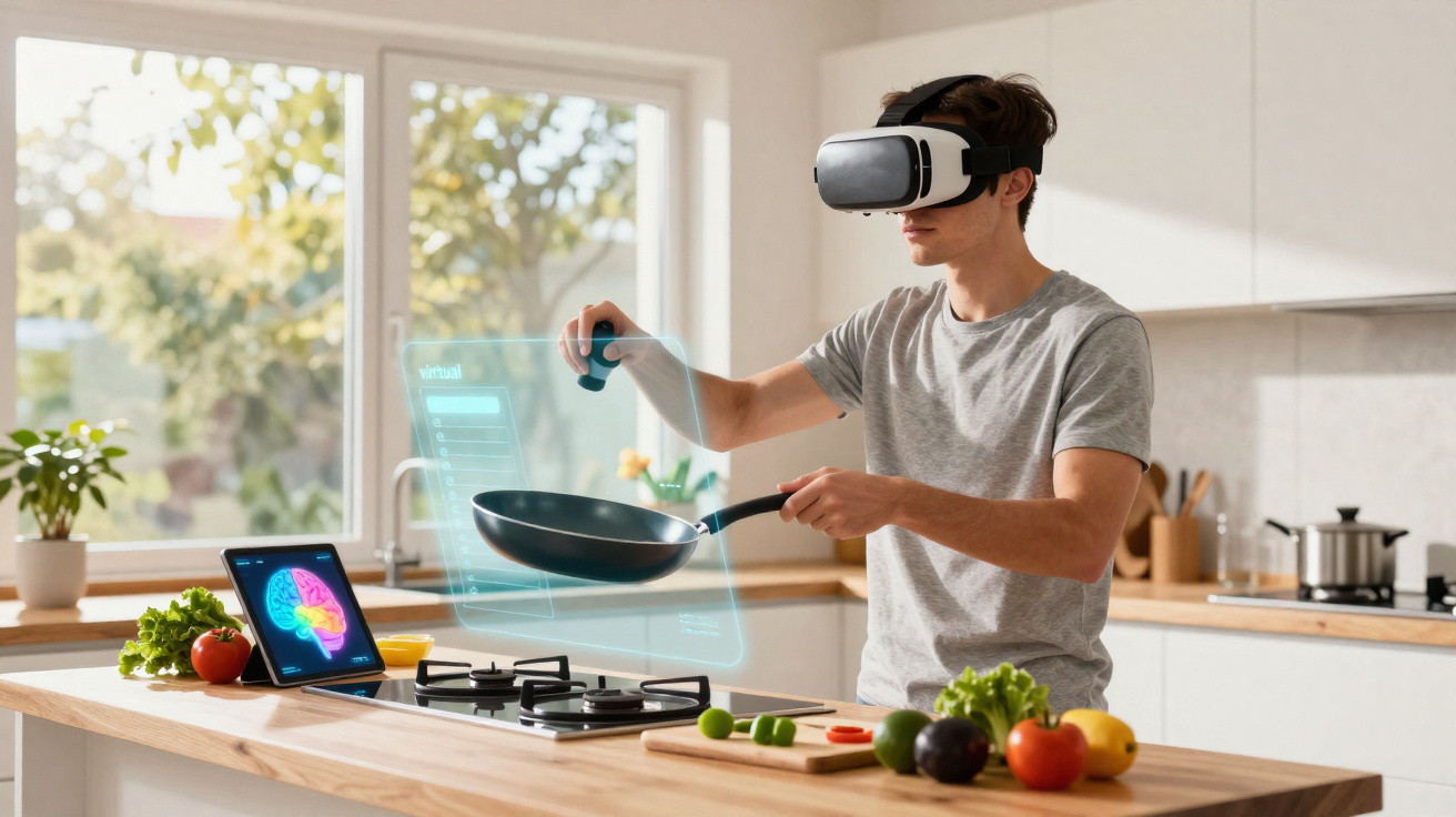 Jovem a usar óculos de realidade virtual e a cozinhar numa cozinha moderna com holograma na frigideira.