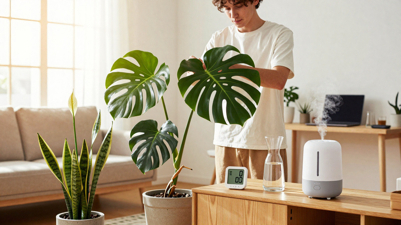 Jovem a cuidar de plantas num ambiente interior luminoso com humidificador e rega na mesa.
