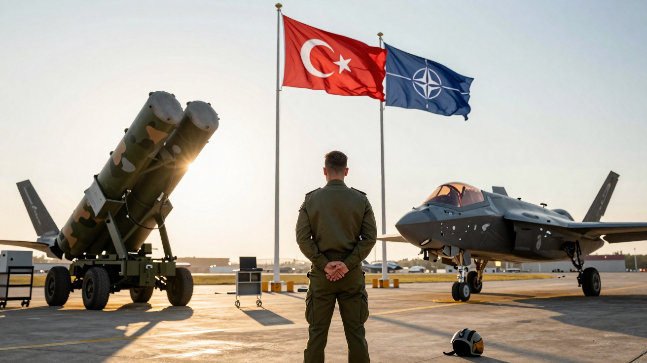 Militar observa caça furtivo e lança-mísseis com bandeiras da Turquia e NATO ao fundo.