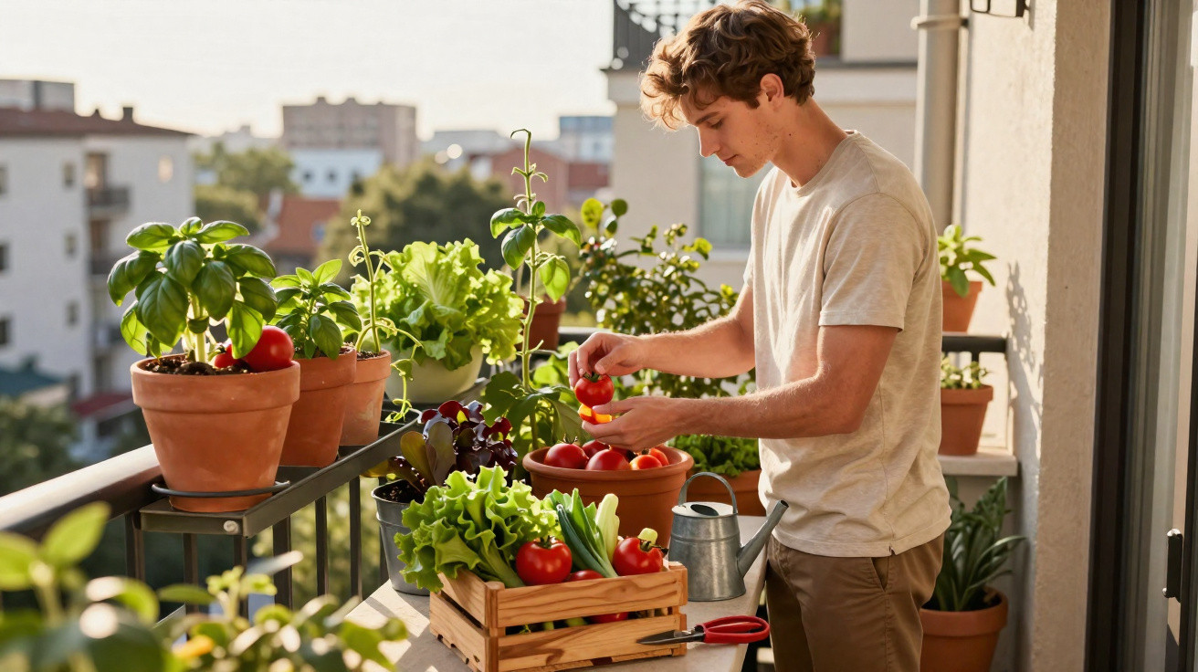 Jovem cuida de hortaliças e tomates num terraço com vários vasos e caixa de legumes frescos.