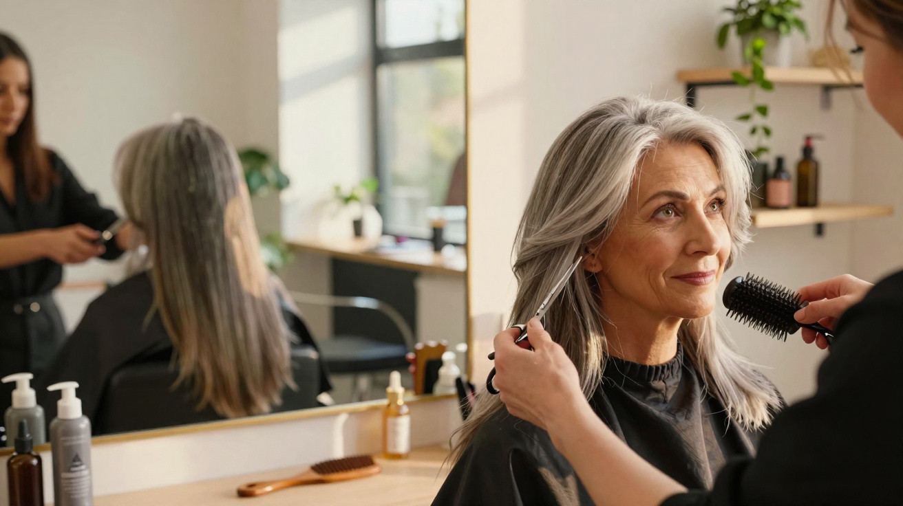 Mulher sénior com cabelo grisalho a ser penteada por cabeleireira num salão moderno e iluminado.