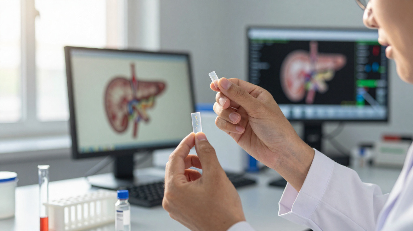 Médico a examinar amostras de teste em laboratório com imagens do fígado e pâncreas em ecrãs ao fundo.