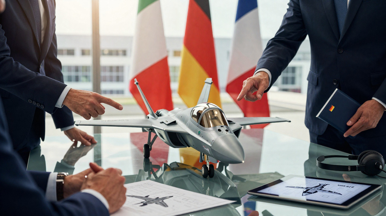 Reunião de negócios com modelo de avião de combate numa mesa, com bandeiras da Itália, Alemanha e França ao fundo.