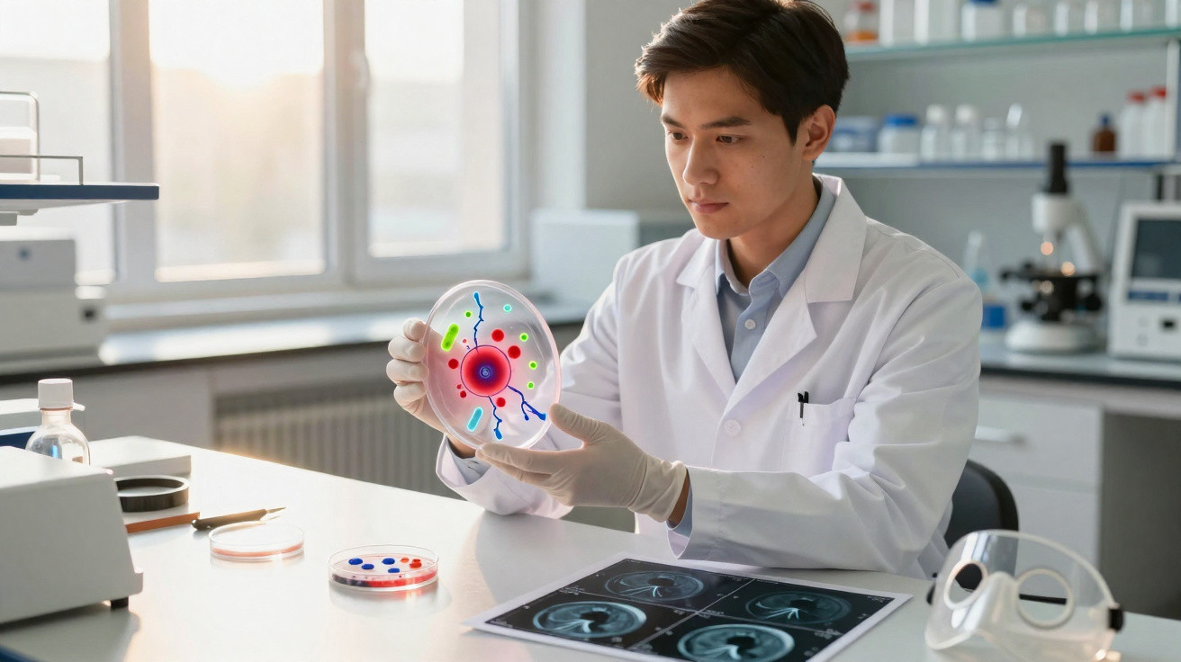 Cientista em laboratório a analisar cultura celular com imagem de células em placa de Petri.