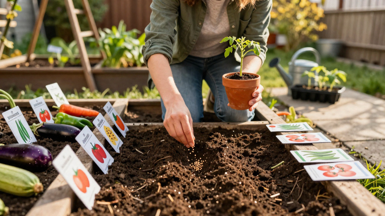 Pessoa a semear sementes num canteiro elevado com etiquetas de plantas e legumes variados.