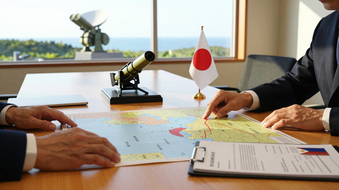 Duas pessoas em reunião apontam para um mapa sobre a mesa com bandeira do Japão e documento de segurança.