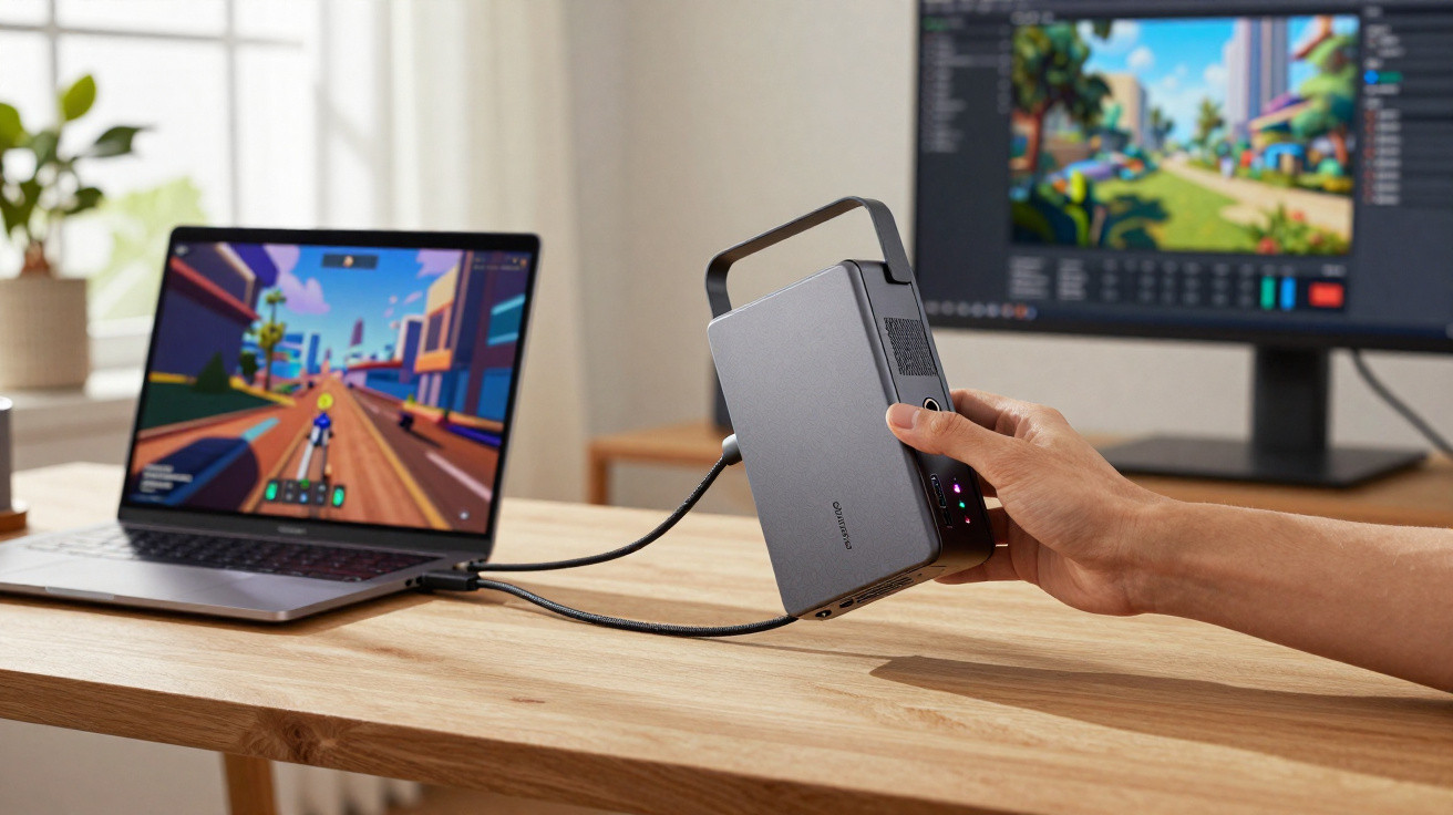 Computador portátil ligado a dispositivo externo portátil numa secretária em ambiente iluminado.