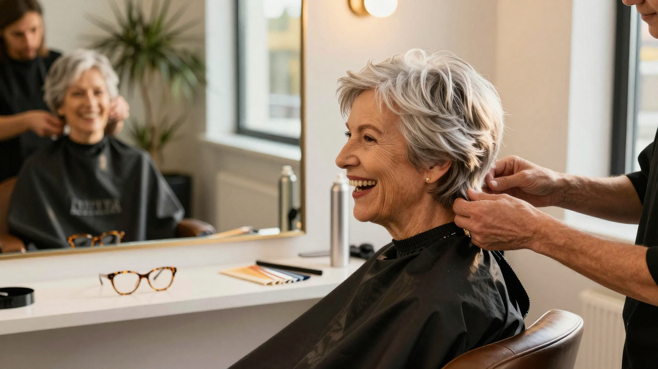 Mulher sorridente a ser preparada para corte de cabelo num salão moderno com espelho e luz natural.