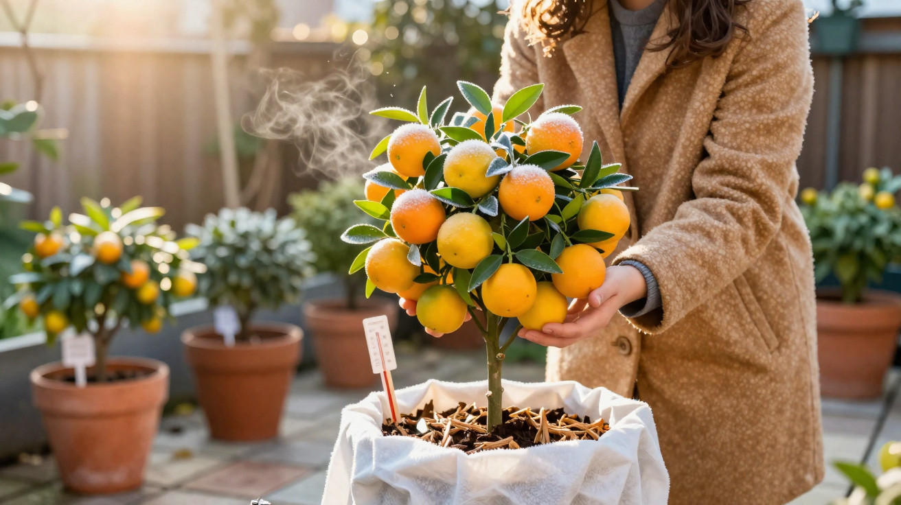 Pessoa a cuidar de uma pequena árvore de citrinos com frutos alaranjados em vaso coberto no jardim.