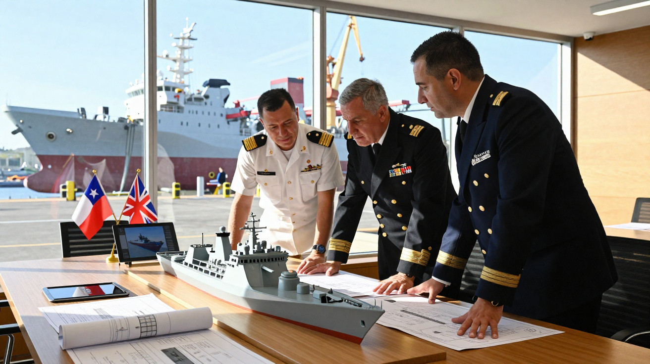Três oficiais navais analisam maquete de navio militar e plantas em sala com vista para doca e navio ancorado.