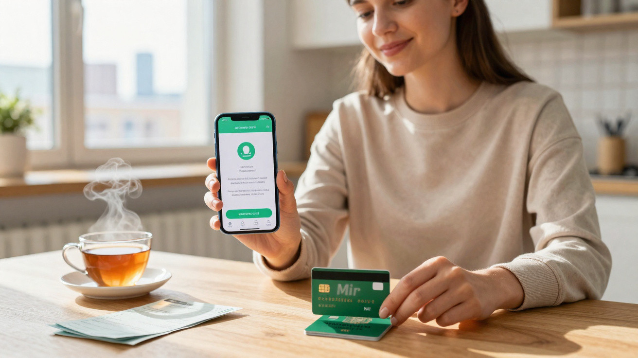 Mulher a mostrar app num smartphone e a segurar cartão bancário verde numa mesa com chá quente e documentos.
