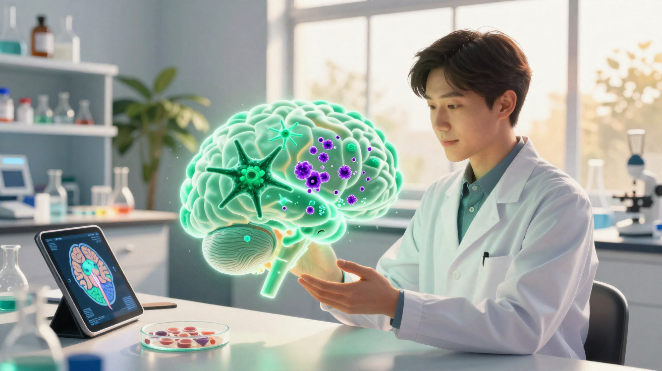 Cientista em laboratório a analisar modelo digital de cérebro humano com neurónios e vírus ilustrados.