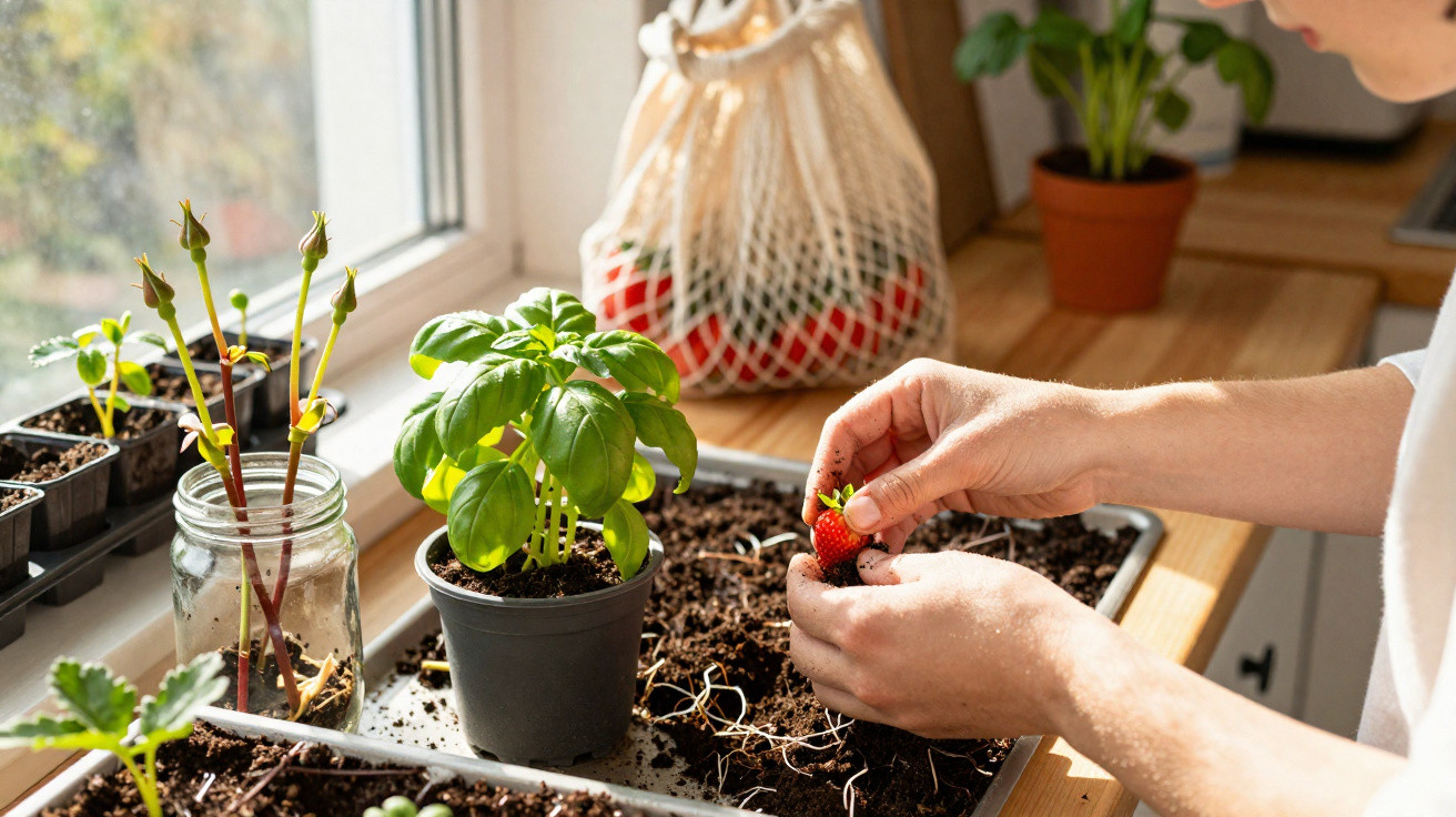 Pessoa a colher um morango numa superfície com vasos de plantas e terra junto a uma janela iluminada.