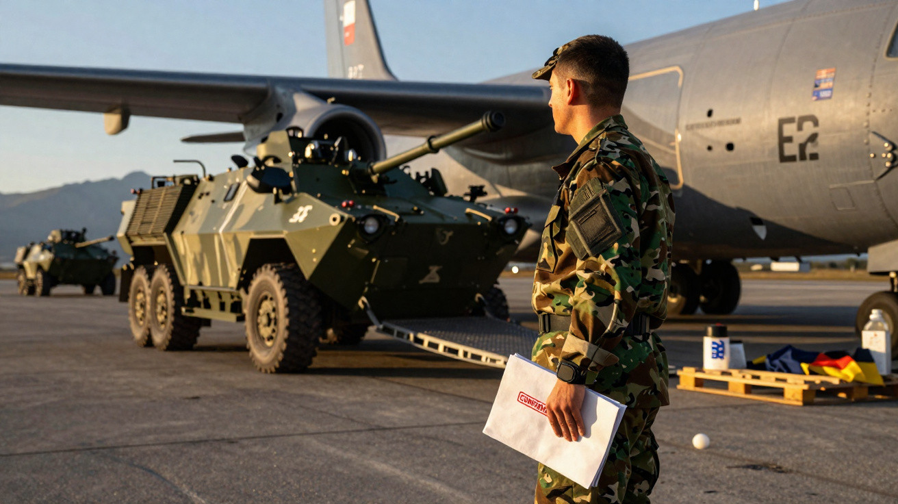 Soldado em uniforme camuflado observa viatura militar a ser descarregada de avião na pista de aeroporto.