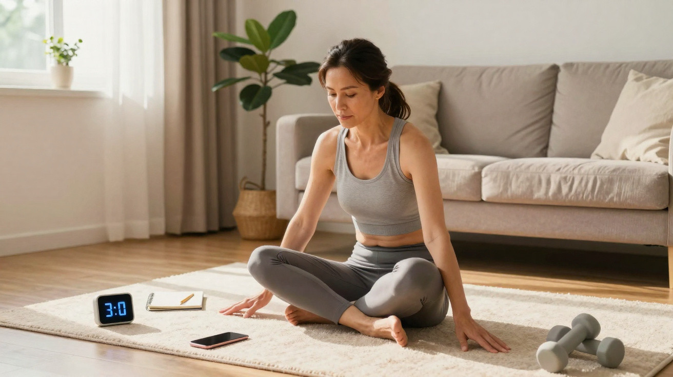 Mulher sentada em posição de yoga na sala, rodeada de halteres, telemóvel e relógio digital.