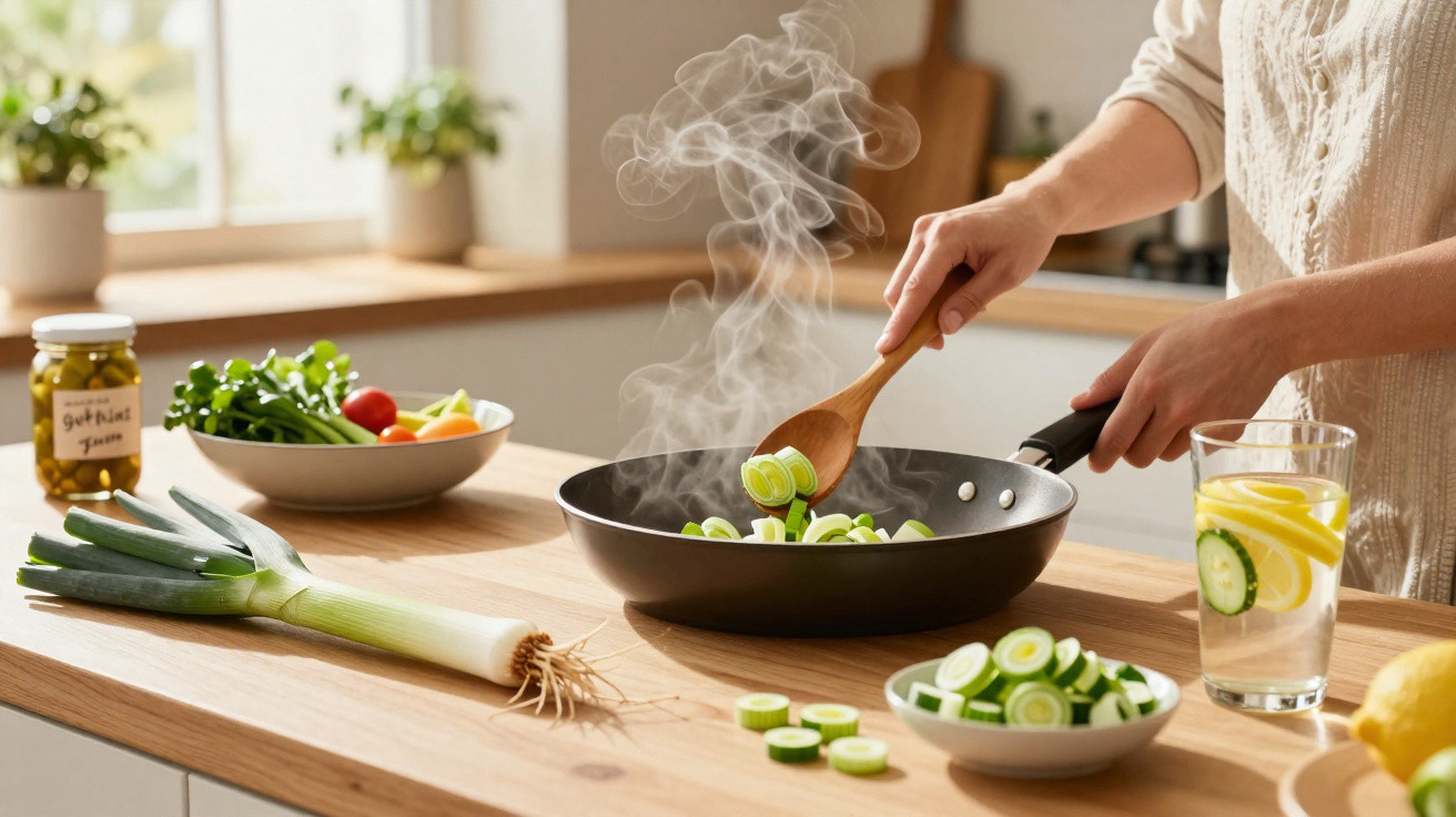 Pessoa a cozinhar legumes num tacho com vapor, numa cozinha iluminada com verduras e bebida com limão na bancada.