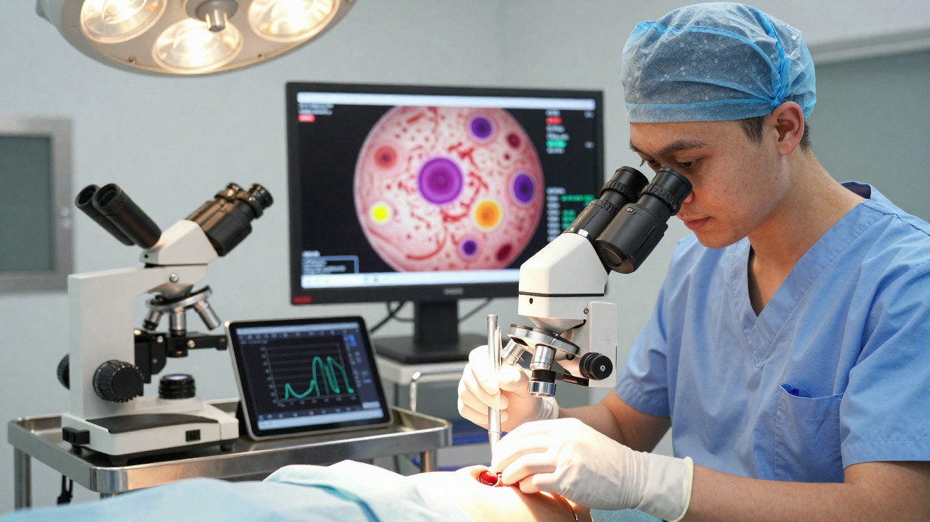 Cientista em roupas médicas usa microscópio para examinar amostra em laboratório com equipamentos e imagens ao fundo.