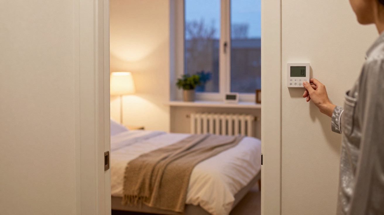 Pessoa ajusta termostato de parede num quarto acolhedor com cama arrumada e iluminação suave.