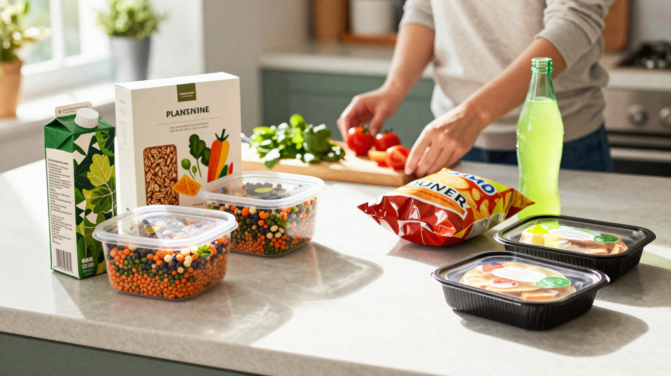Pessoa a preparar uma salada com legumes frescos e vários alimentos embalados numa cozinha moderna.