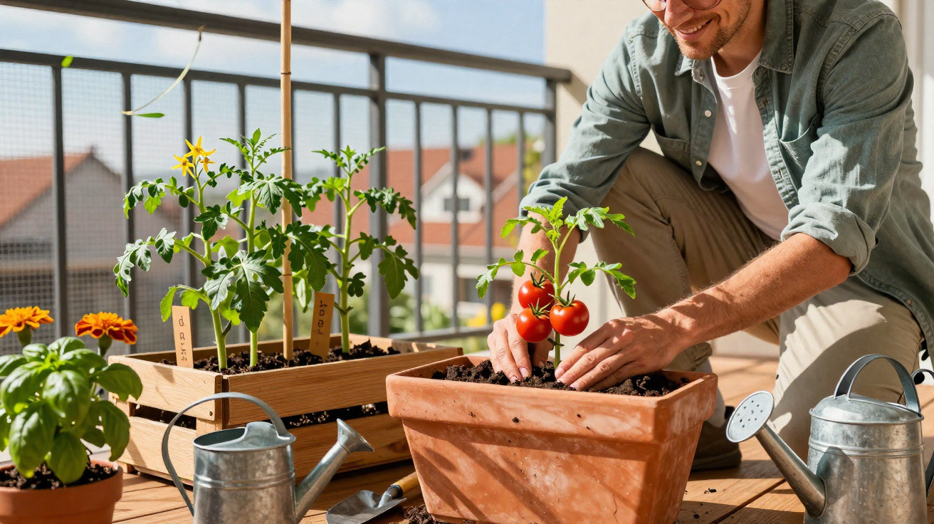 Homem a cuidar de plantas de tomate num vaso num terraço ensolarado com regadores próximos.