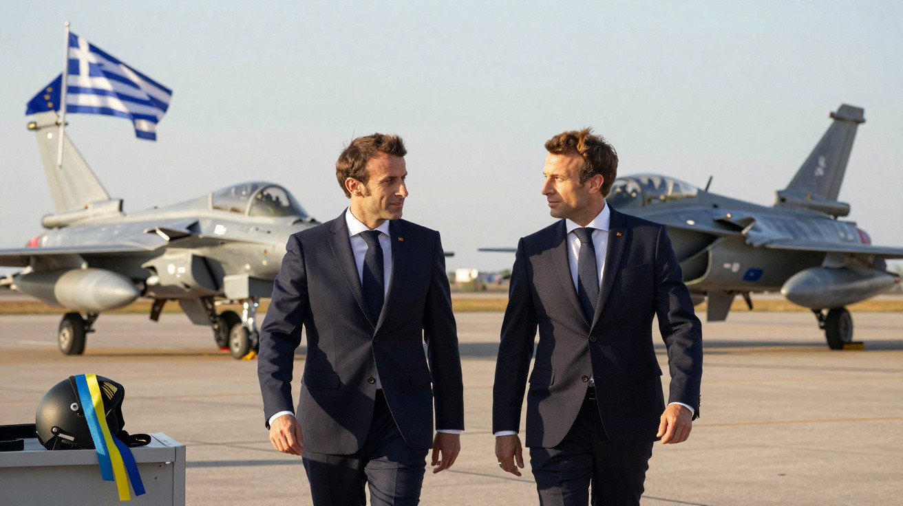Dois homens de fato caminham em pista de aeroporto militar com caças e bandeiras da Grécia e União Europeia ao fundo.