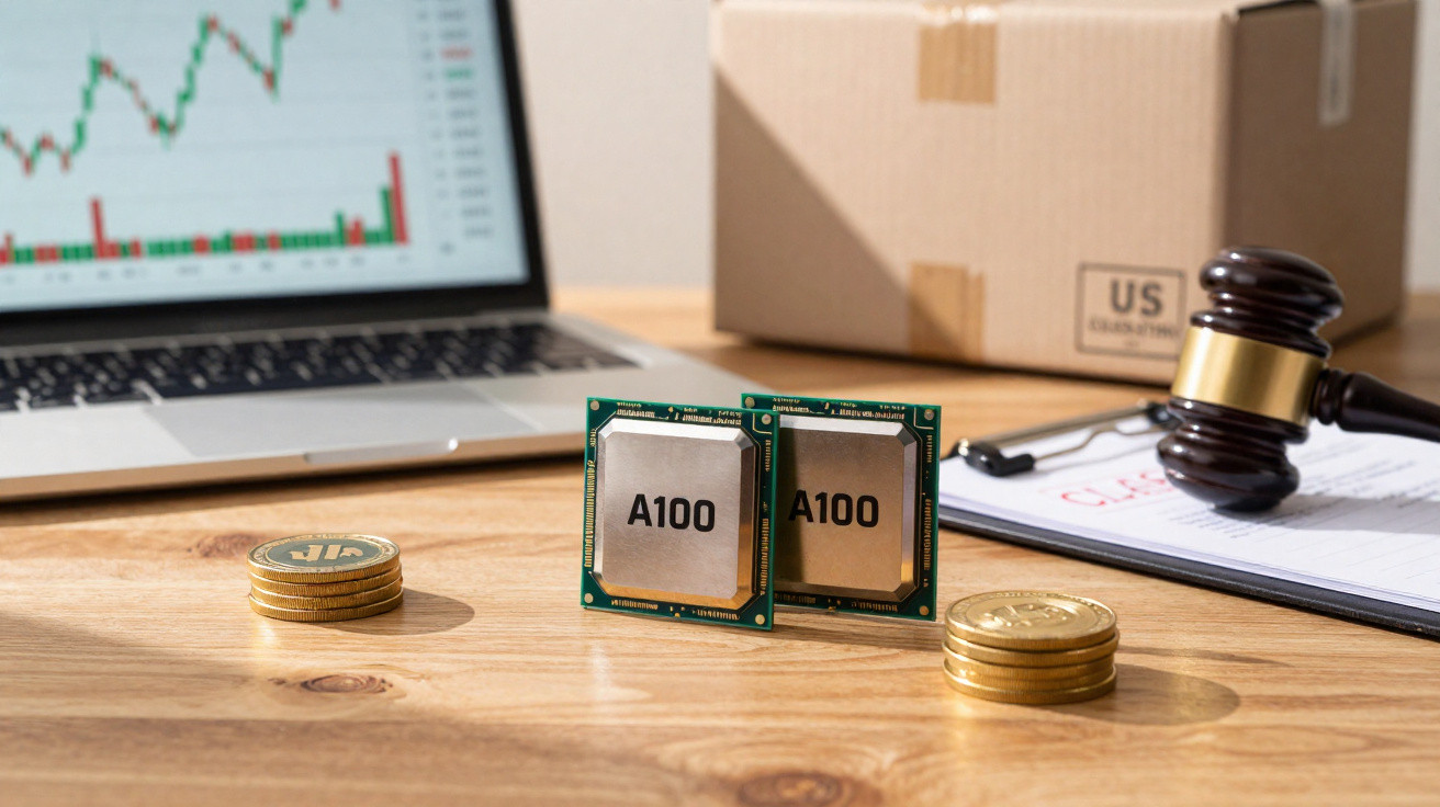 Dois processadores A100, moedas, laptop com gráficos financeiros, martelo de juiz e documentos em cima de mesa de madeira.