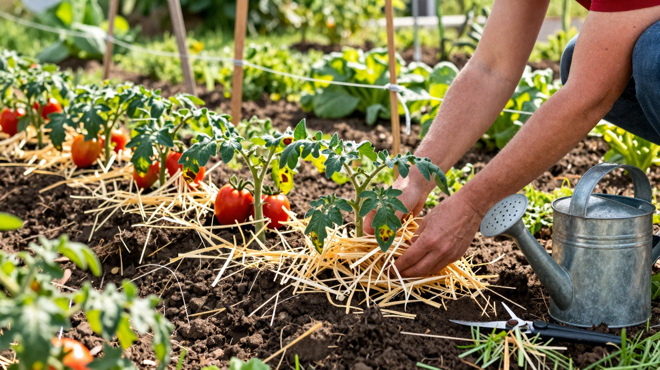 Pessoa a cuidar de uma planta de tomate num jardim, cobrindo o solo com palha para proteger a planta.