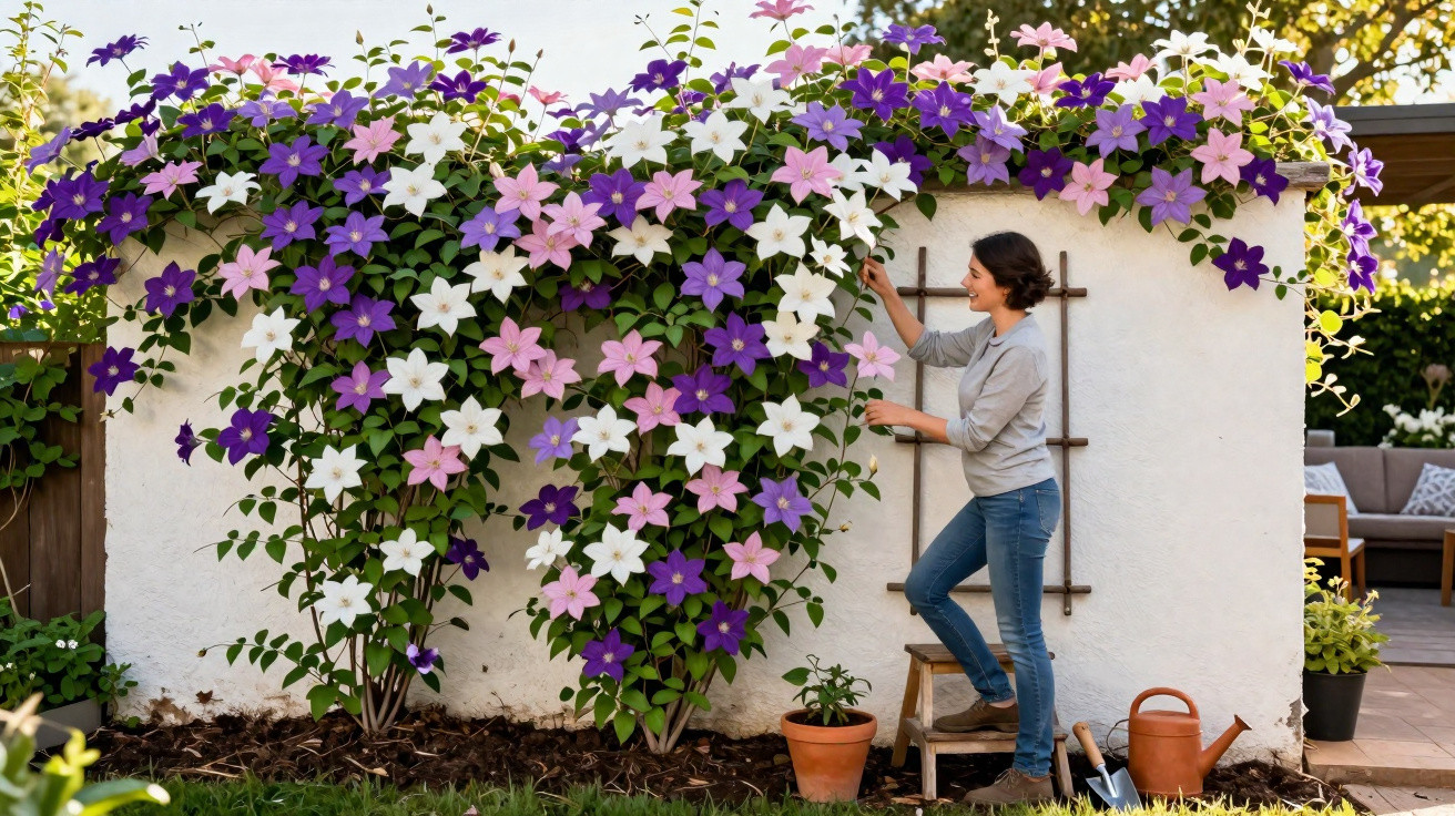 Mulher a cuidar de flores roxas, rosas e brancas numa parede branca de jardim ensolarado.