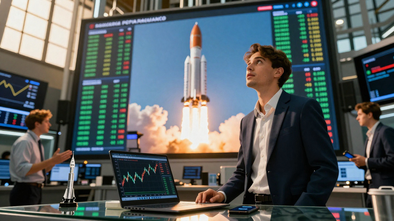 Jovem de fato observa lançamentos de foguetes em monitor grande numa sala com gráficos financeiros.