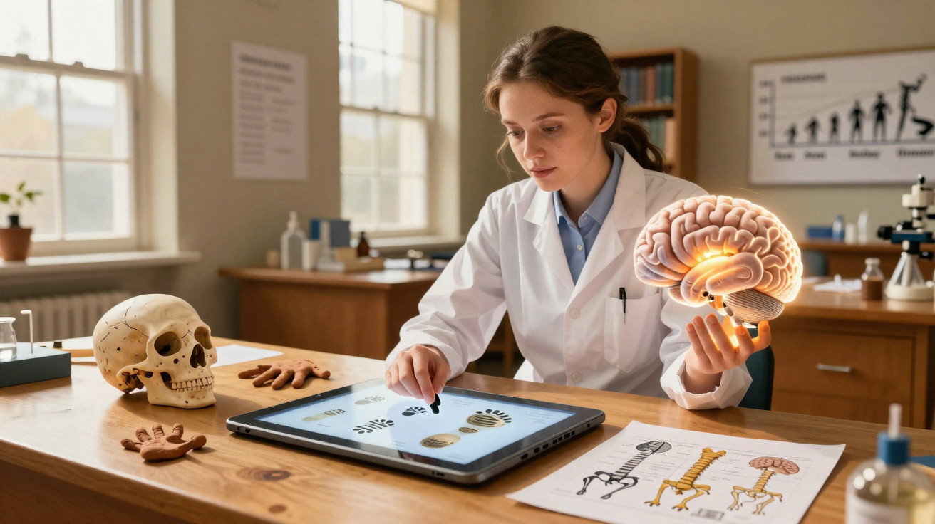 Mulher cientista em laboratório analisa digitais num ecrã e segura modelo de cérebro iluminado.