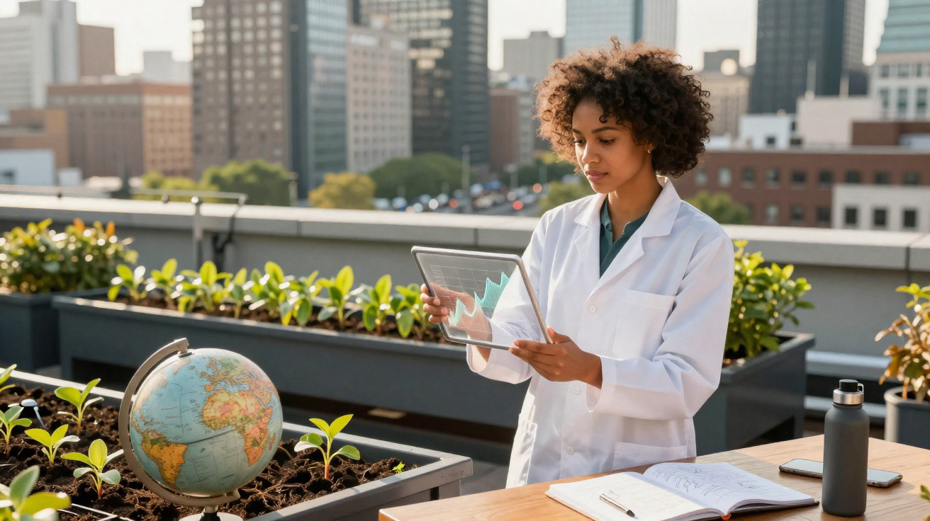 Investigadora com bata branca usa tablet numa varanda com plantas, globo terrestre e cidade ao fundo.