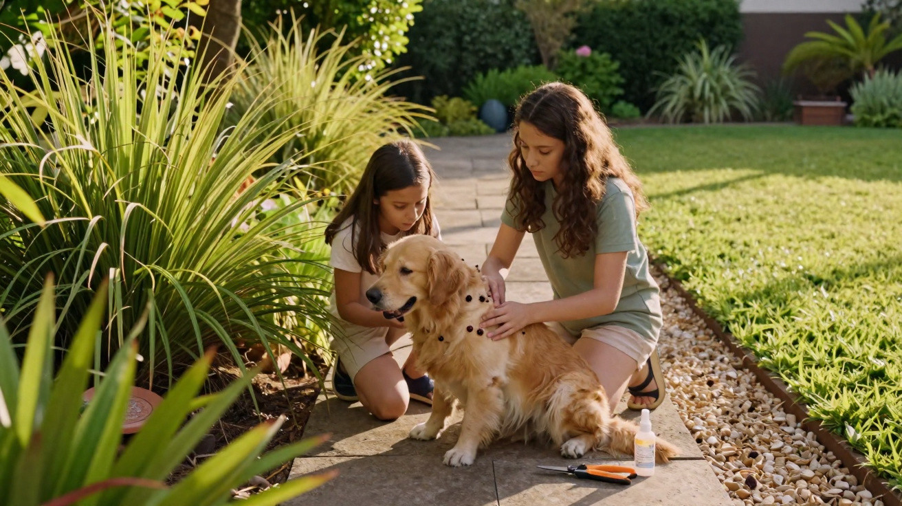 Duas meninas tratam e penteiam um cão golden retriever num jardim ensolarado.