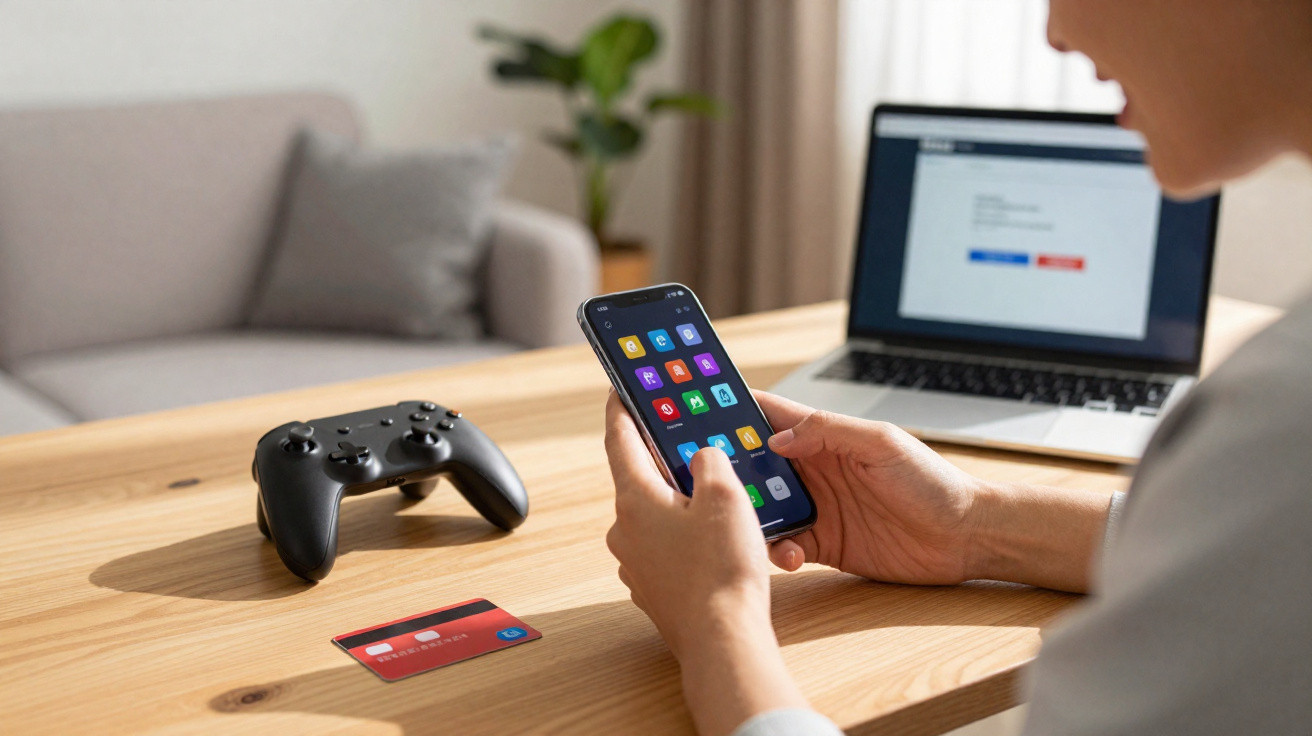 Pessoa a usar smartphone com aplicações abertas, com comando de consola, cartão de crédito e computador portátil sobre a mesa