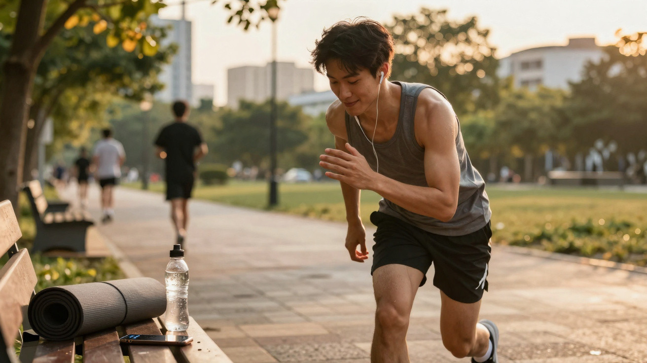 Homem a correr num parque urbano com tapete de yoga e garrafa de água numa bancada próxima.