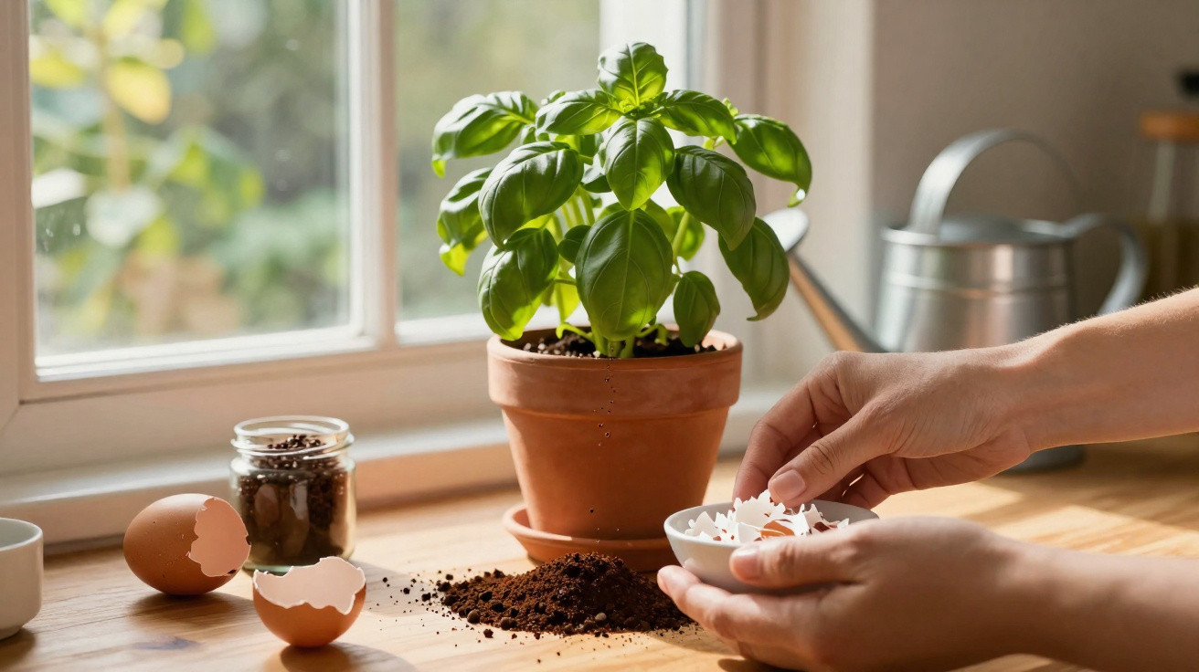 Mãos a preparar composto com cascas de ovos para planta de manjericão em vaso junto a janela.