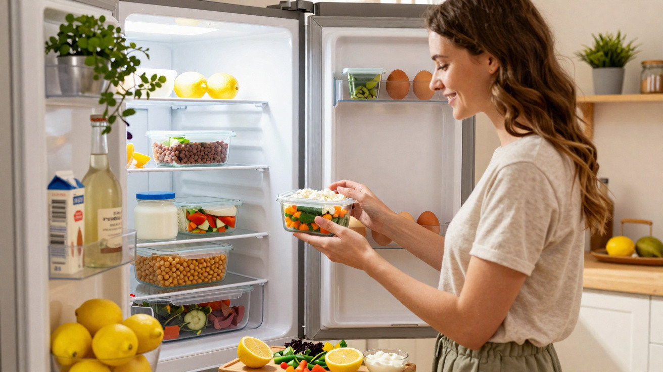 Mulher a guardar legumes frescos num recipiente dentro de um frigorífico aberto numa cozinha moderna.