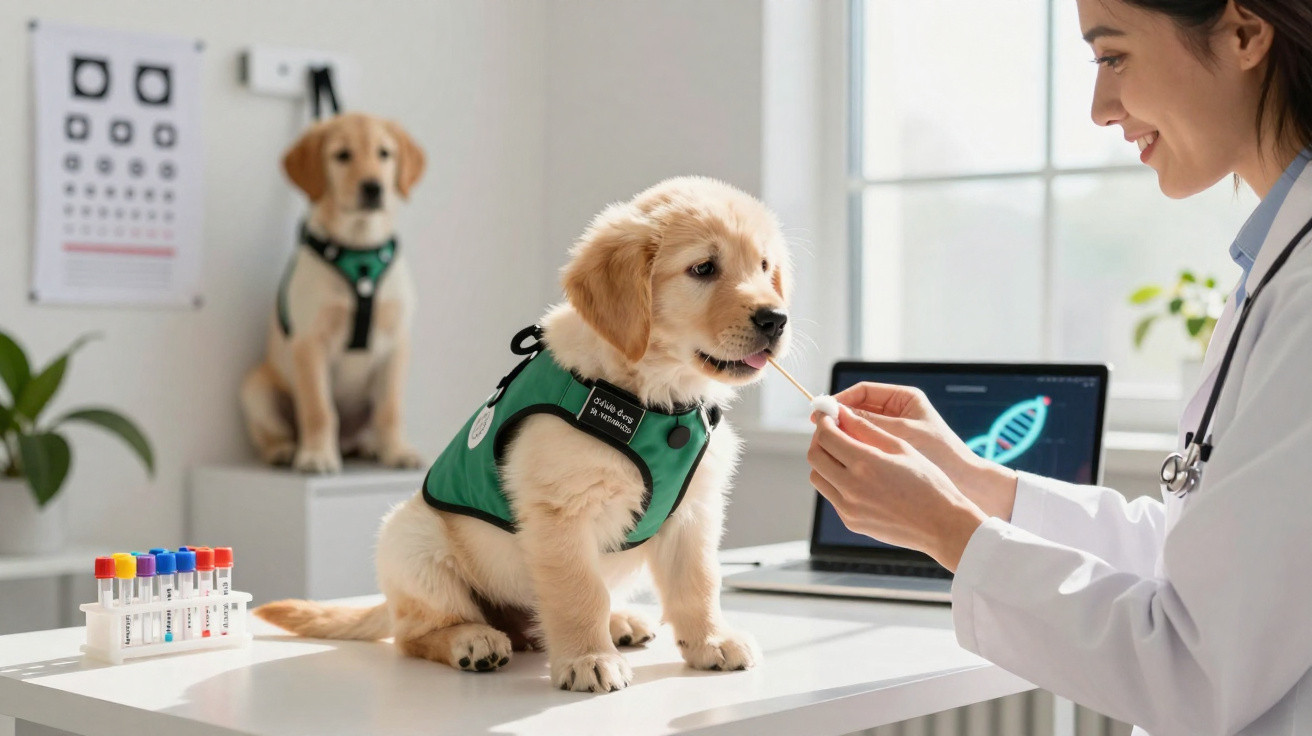 Veterinária a recolher amostra da boca de um cão jovem com colete verde numa clínica.