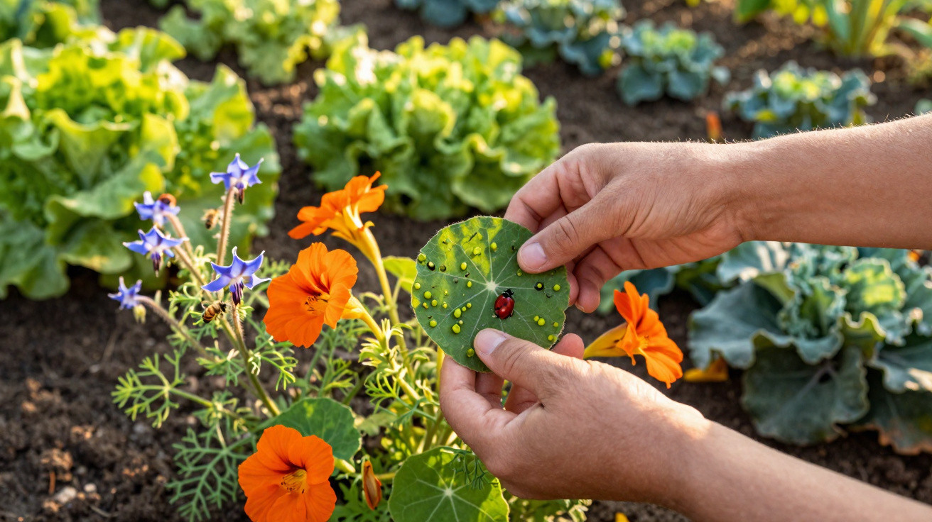 Mãos seguram folha com joaninha e gotas de água, junto a flores laranja e azul num jardim.