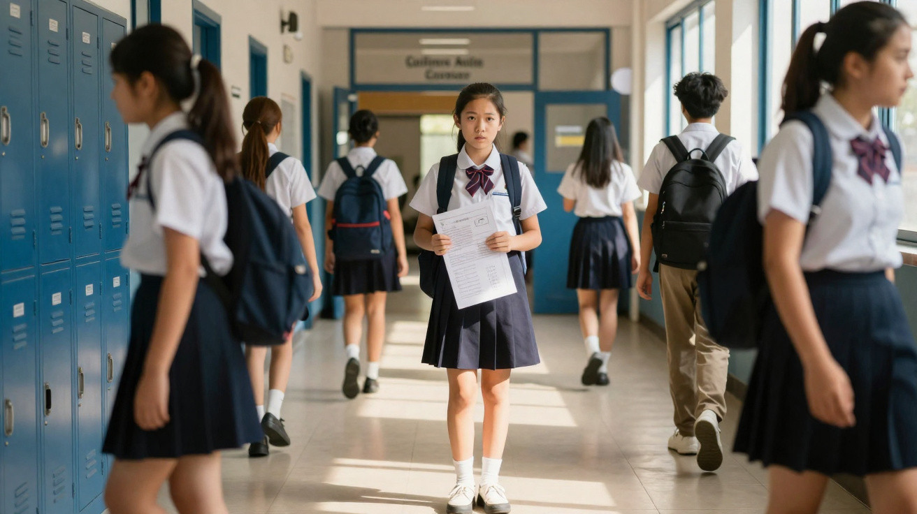 Aluno asiático de uniforme escolar a segurar folhas num corredor com armários azuis e colegas ao redor.