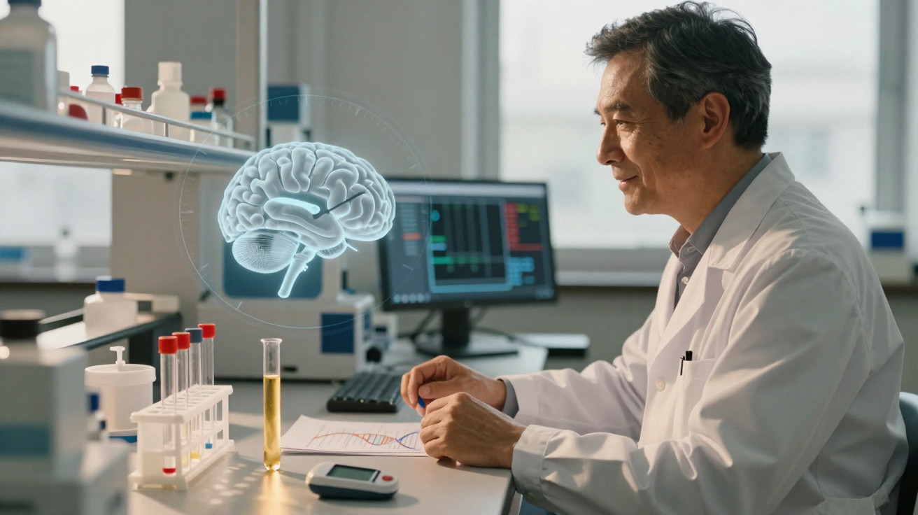 Cientista numa bancada de laboratório a analisar cérebro holográfico com gráficos no ecrã ao fundo.
