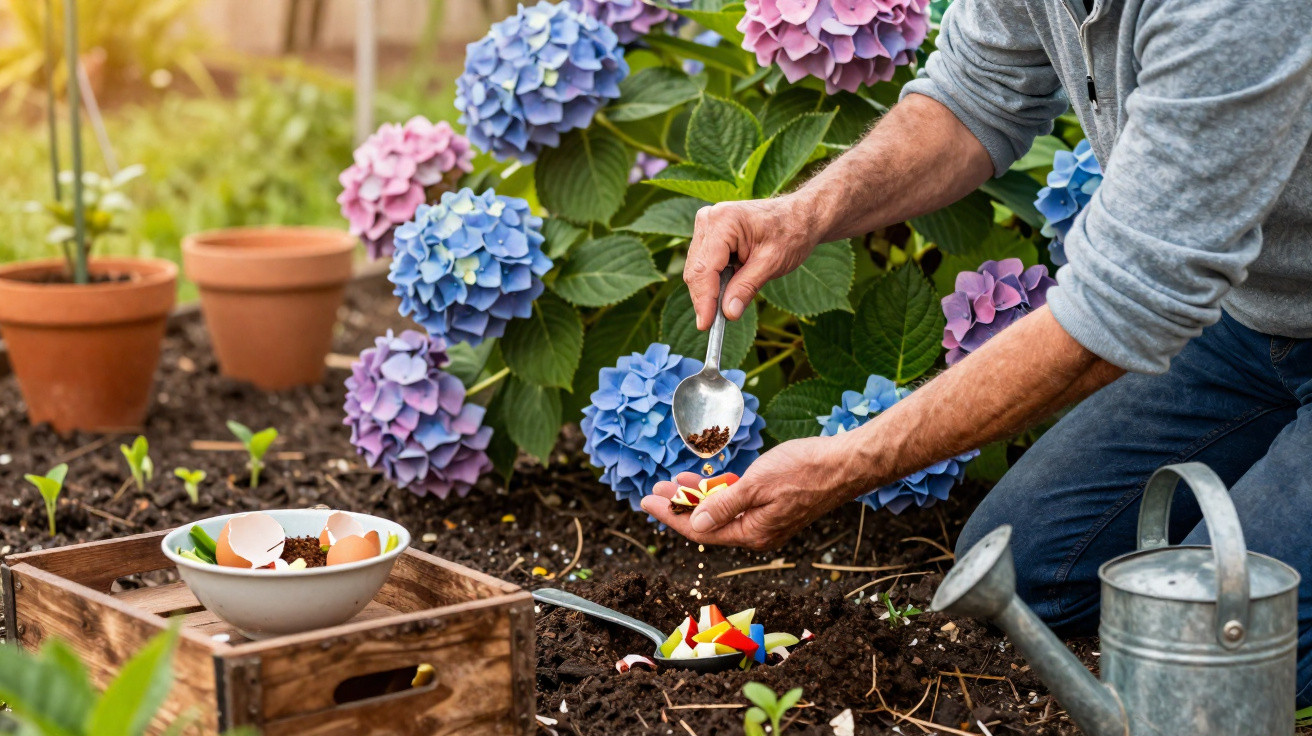Pessoa a semear sementes no solo de um jardim com flores de hortênsia e regador ao lado.