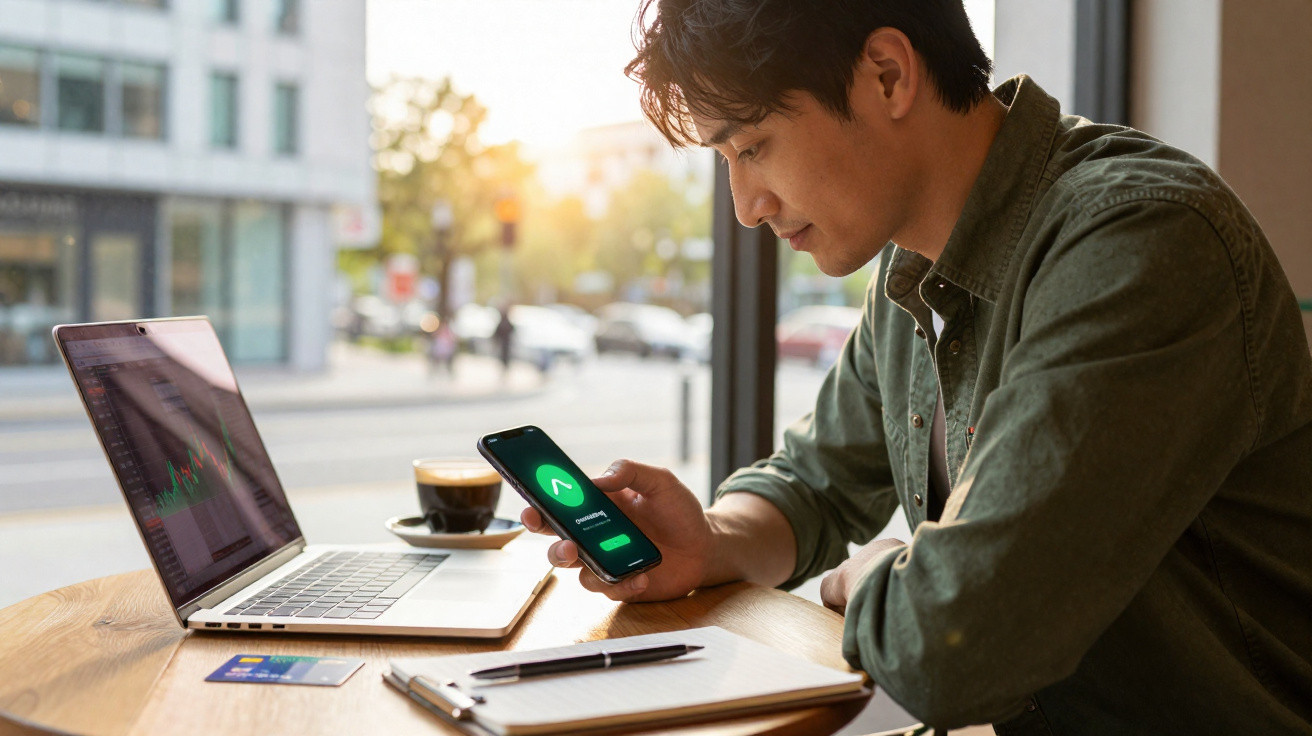 Homem sentado numa mesa a usar telemóvel com gráfico, portátil aberto, café e caderno ao lado.