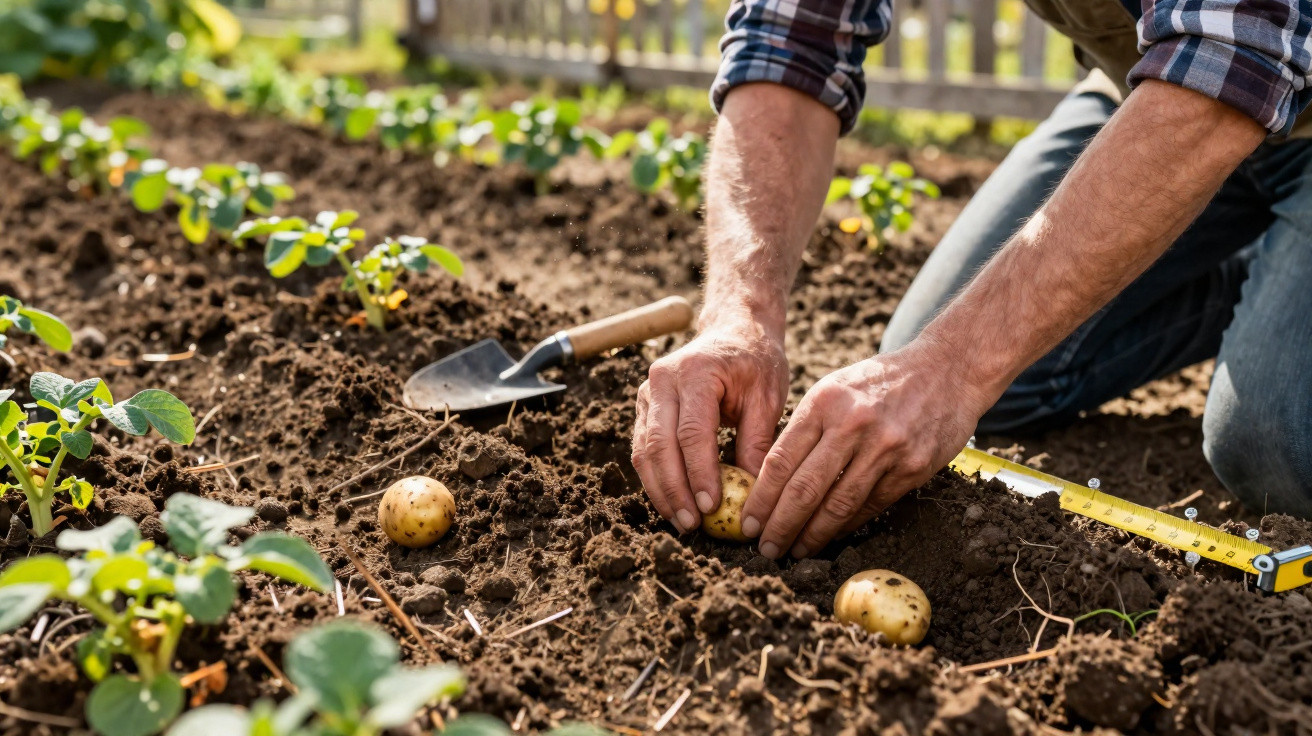 Mãos a plantar batatas no solo de uma horta com uma pequena enxada e régua ao lado.