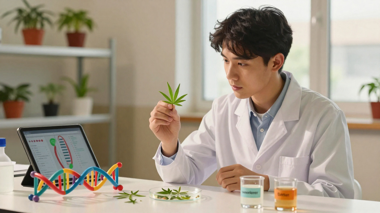 Cientista em laboratório a analisar folha de planta com modelo de ADN e tablet em fundo desfocado.