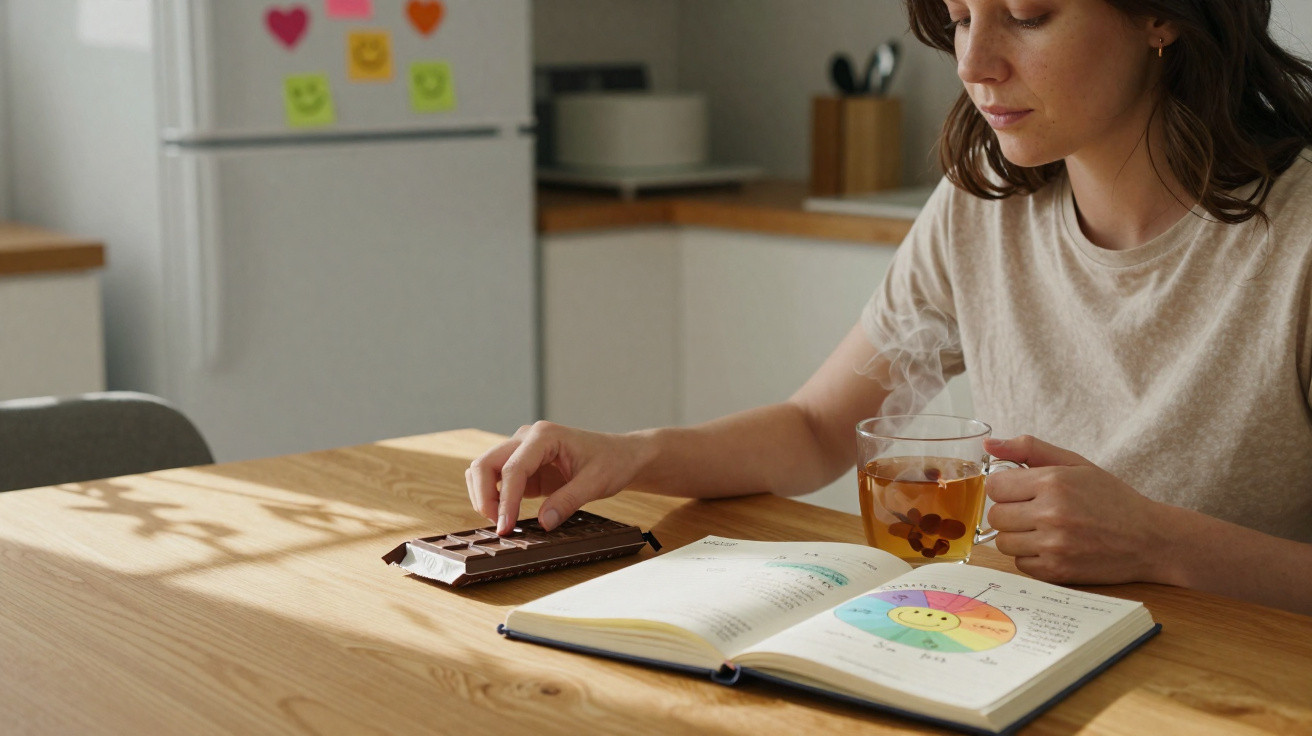 Mulher sentada à mesa a ler um livro aberto, segurando chá e a pegar chocolate numa cozinha iluminada.