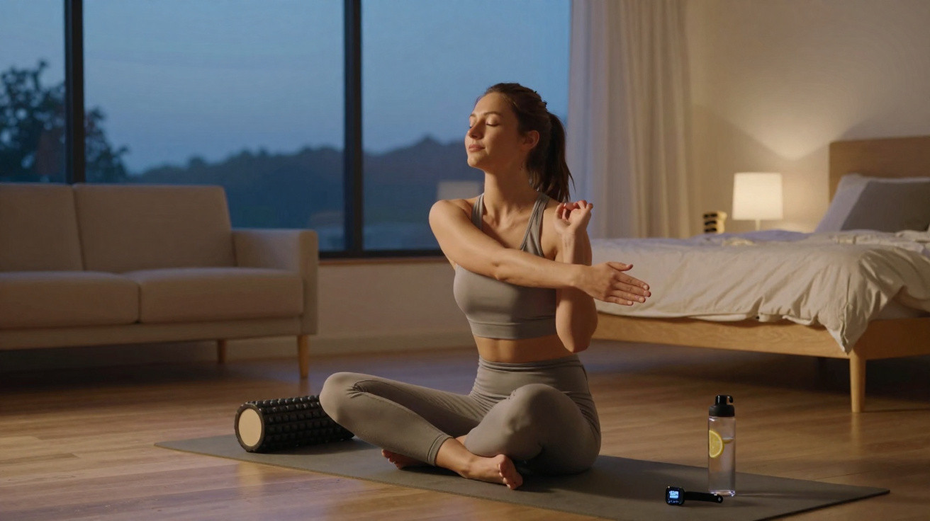 Mulher a fazer alongamentos sentada num tapete de yoga numa sala com cama e sofá ao fundo.